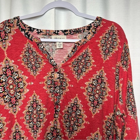 Style & Co Woman Blouse Top Plus 2X Boho Mixed Print Roll Tab Sleeves Red Hippie - Picture 2 of 10